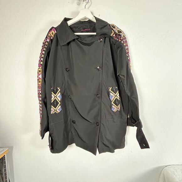 Custo Barcelona Women Black Embroidered Coat Jacket Large Double Breasted Button - Picture 1 of 9